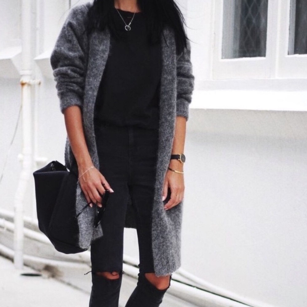 Open front lace sleeve gray cardigan